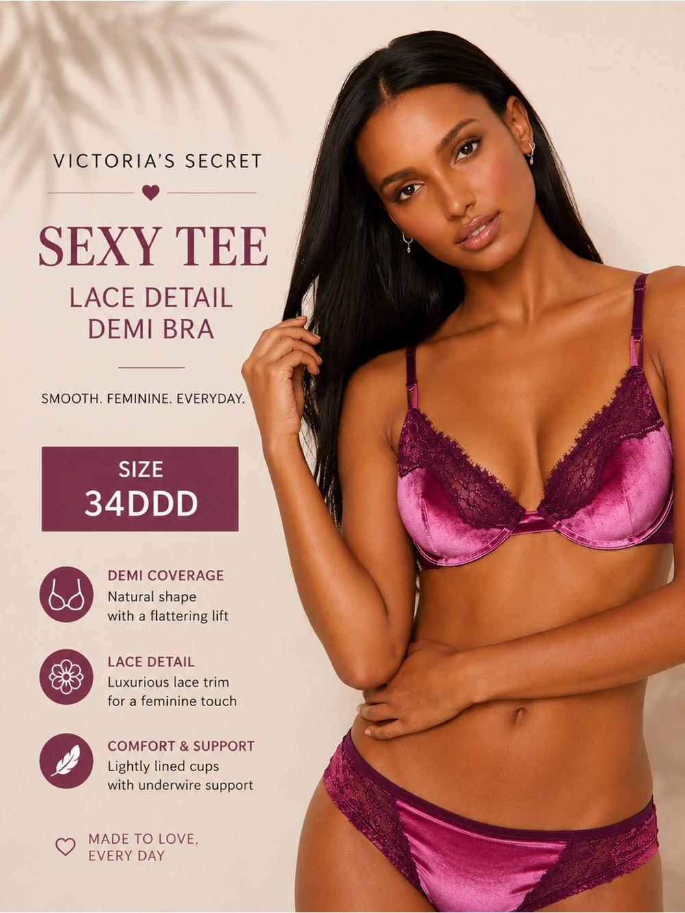 Victoria’s Secret Sexy Tee Velvet Lace Demi Bra 34DDD Pink Purple